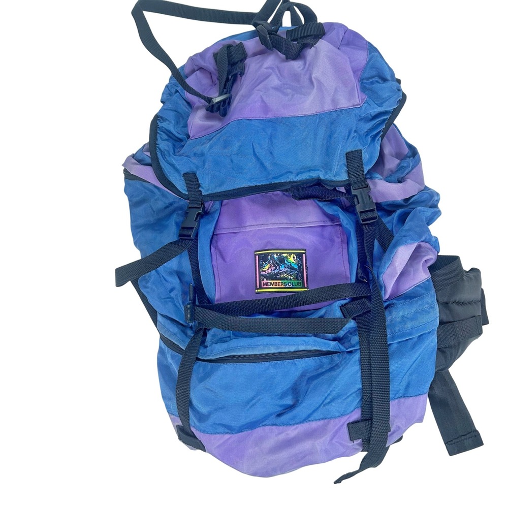 Vintage Members Club Backpack‎ Blue Purple Colorblock Hiking Travel Camping
